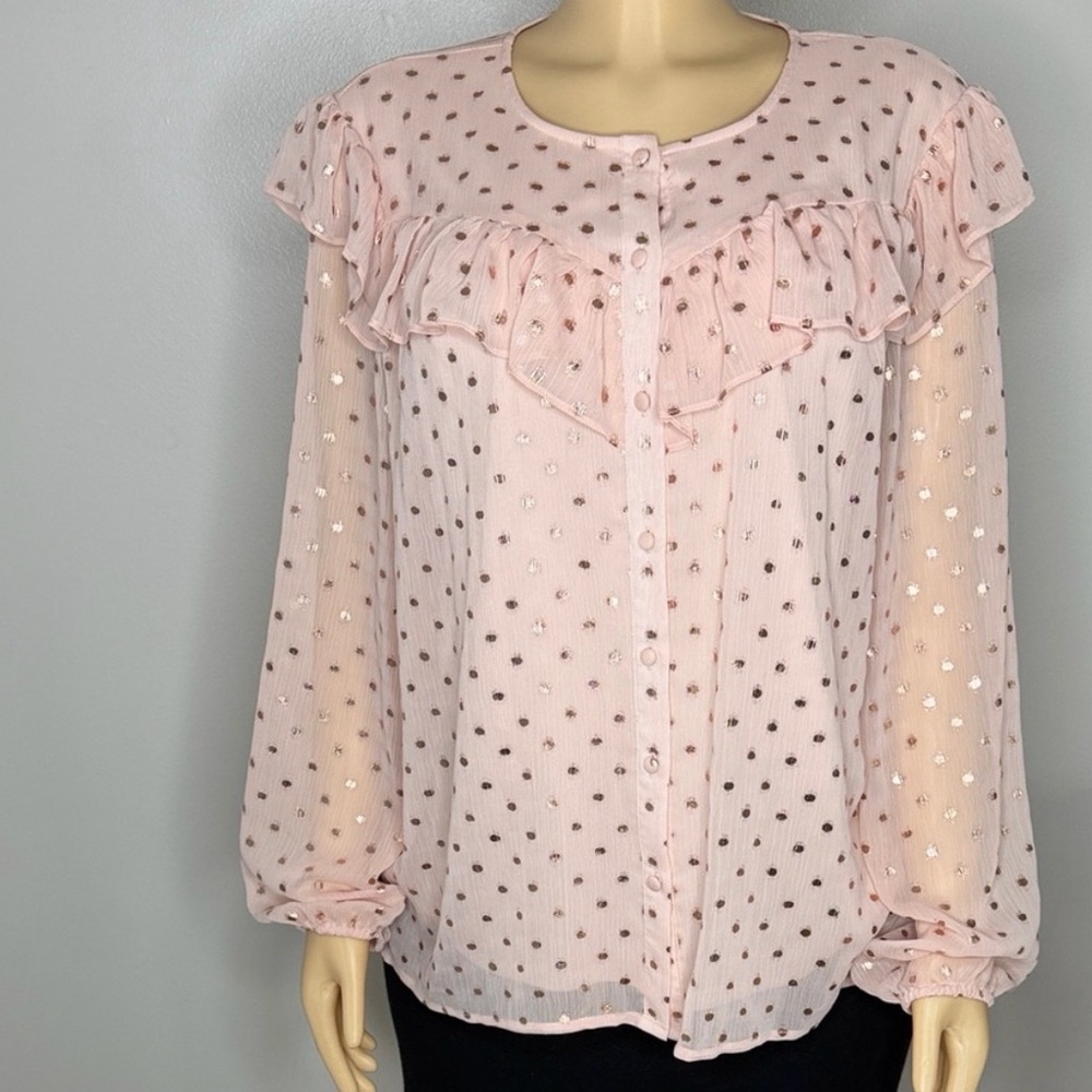 LC Lauren Conrad Blush Pink Metallic Polka Dot Ruffle Blouse Size Large - Picture 2 of 14